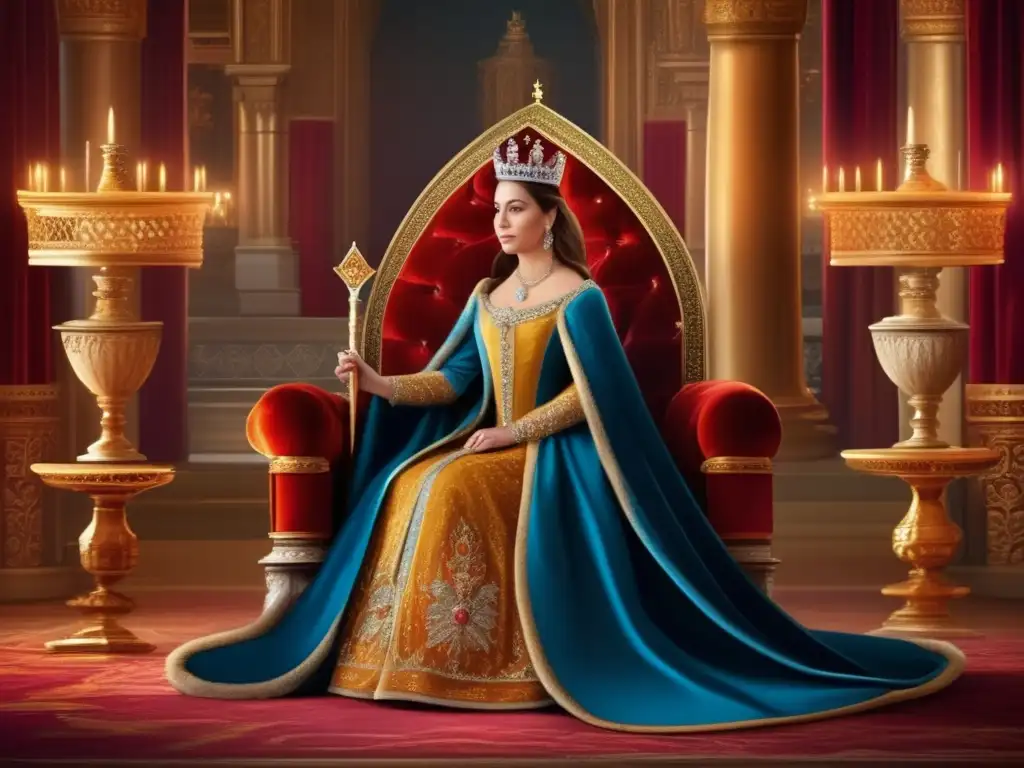 Una pintura digital de alta resolución de la Reina Isabel I de Castilla sentada en un trono ornamentado, vistiendo un vestido real y una corona