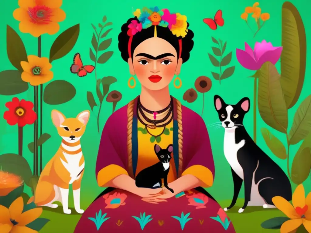 En una pintura digital de alta resolución, Frida Kahlo juega con animales en un exuberante jardín