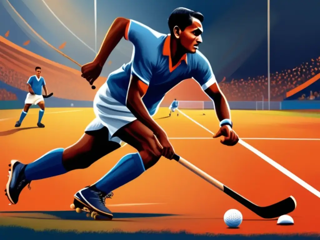 Una pintura digital de alta resolución muestra a Dhyan Chand en acción en el campo de hockey