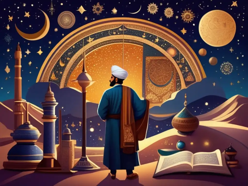 Una pintura digital de alta resolución muestra a Omar Jayyam bajo el cielo nocturno, rodeado de instrumentos astronómicos y antiguos manuscritos persas