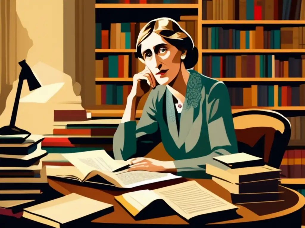 Una pintura digital de alta resolución muestra a Virginia Woolf en su escritorio, rodeada de libros y papeles