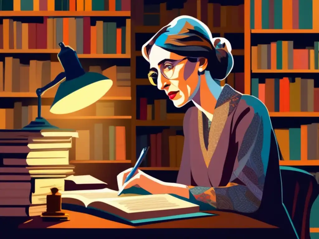 Una pintura digital de alta resolución al estilo moderno de Virginia Woolf en su escritorio, rodeada de libros y papeles