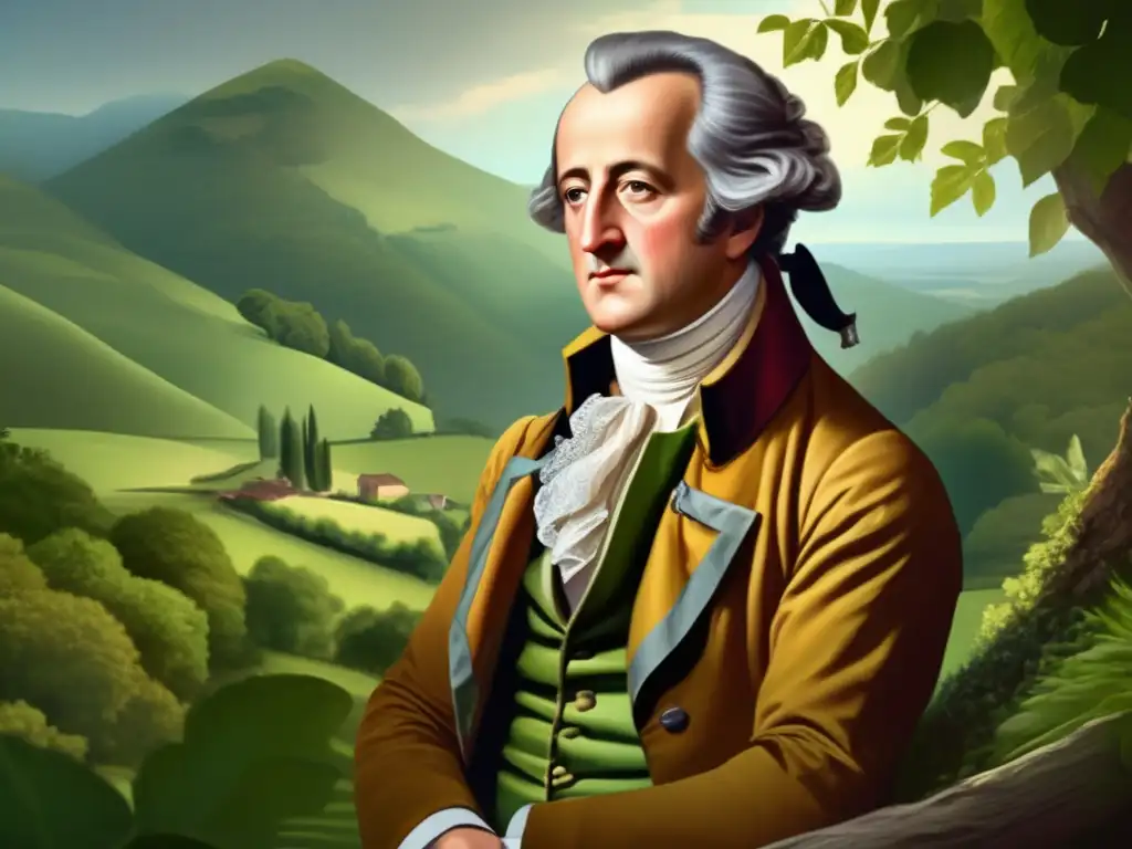 Una pintura digital de alta resolución en estilo moderno de Johann Wolfgang von Goethe, con una expresión contemplativa mientras mira hacia el horizonte, rodeado de exuberantes paisajes que inspiraron sus obras literarias
