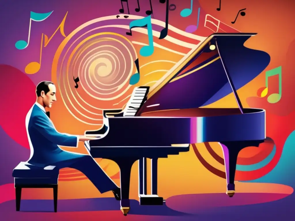 Una pintura digital de alta resolución representa a George Gershwin al piano rodeado de músicos clásicos y de jazz en colores vibrantes