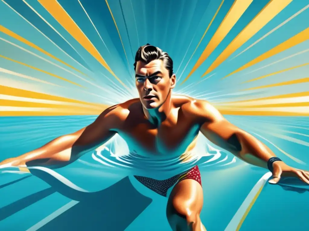 Una pintura digital de alta resolución muestra a Johnny Weissmuller nadando en una piscina olímpica, con destellos de luz y su poderosa forma física