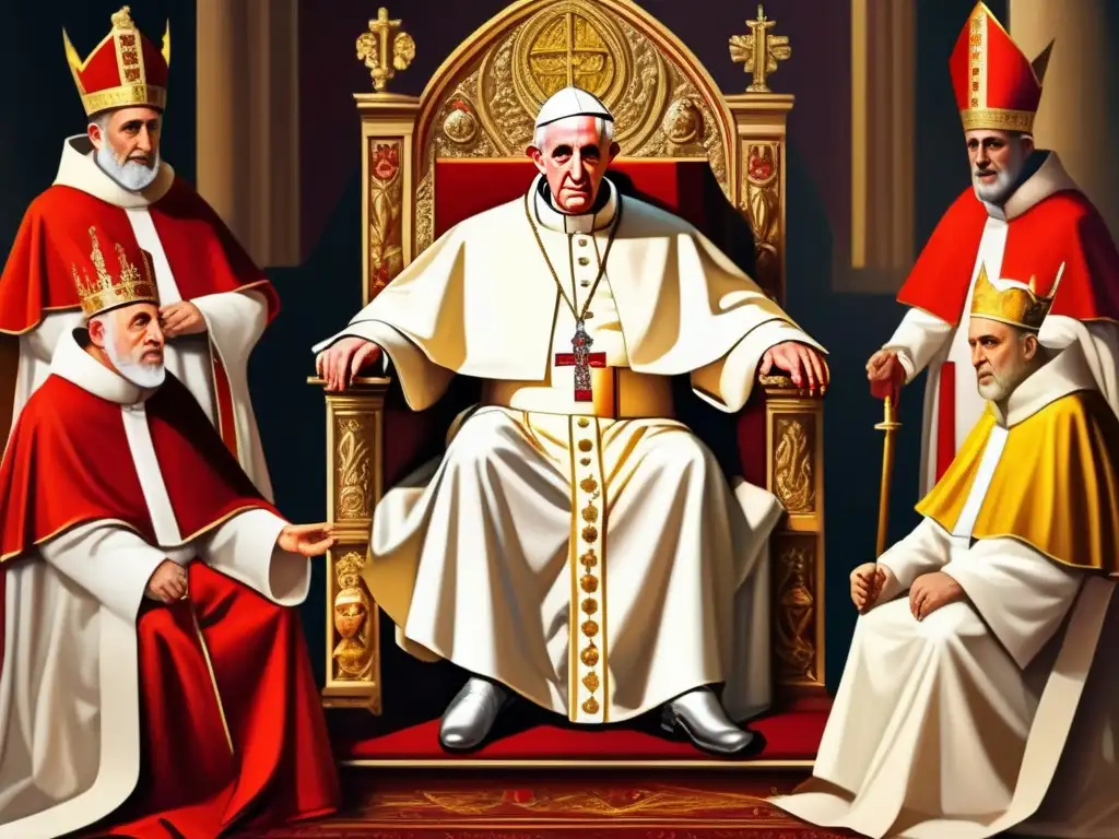 En la pintura digital de alta resolución, el Papa Inocencio III irradia poder y autoridad mientras está rodeado de obispos y cardenales