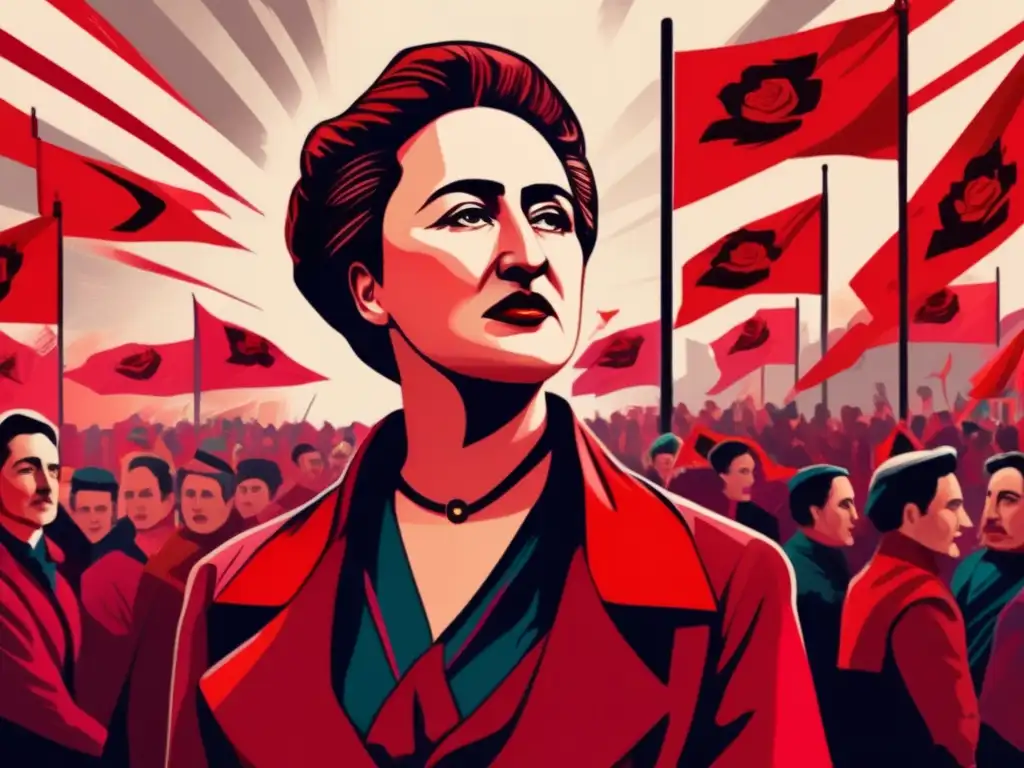 Una pintura digital de alta resolución muestra a Rosa Luxemburgo liderando una protesta, rodeada de banderas rojas y consignas revolucionarias