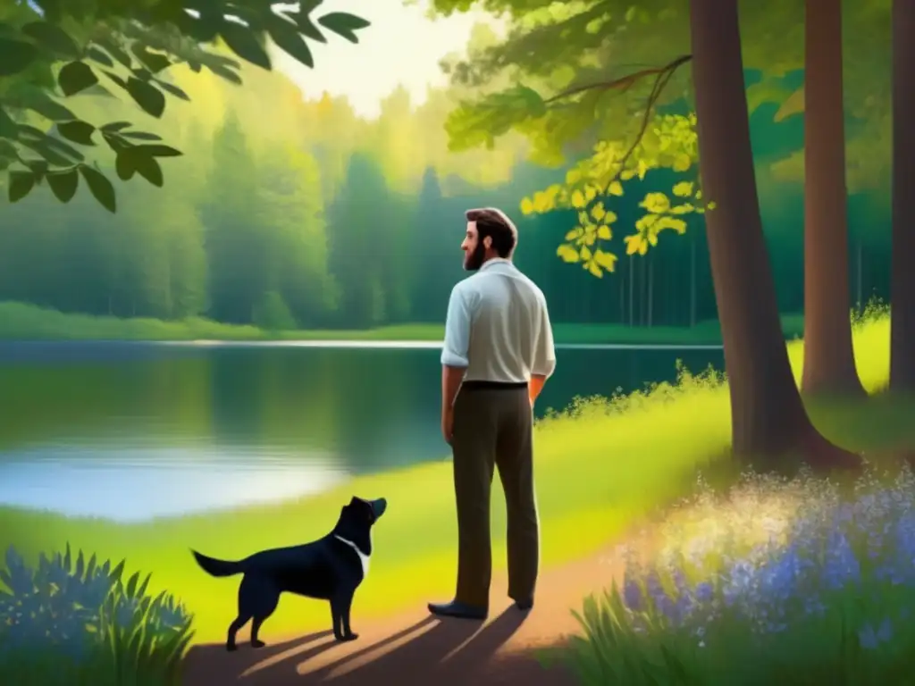 Una pintura digital de alta resolución muestra a Henry David Thoreau en Walden Pond, rodeado de árboles, flores silvestres y una atmósfera serena