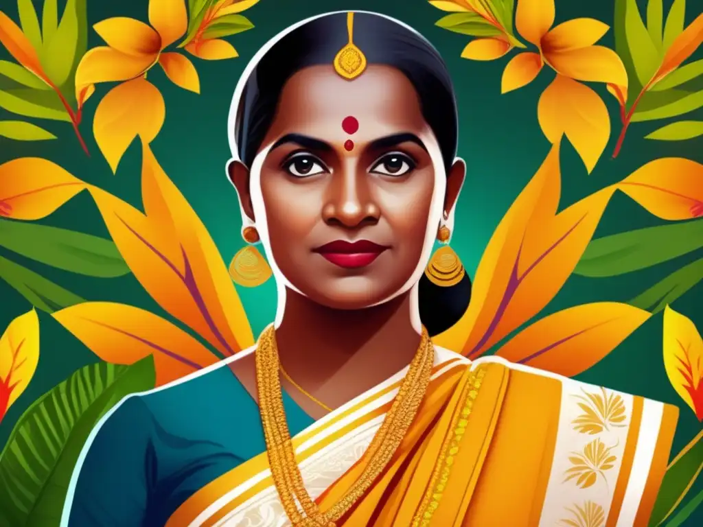 Una pintura digital de alta resolución de Sirimavo Bandaranaike, la primera mujer primera ministra, exudando fuerza y resiliencia en un entorno tropical vibrante y símbolos de empoderamiento femenino y liderazgo político