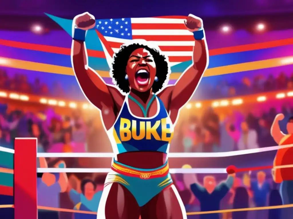 Pintura digital de Mildred Burke en el ring, representando su impacto histórico en la lucha libre femenina