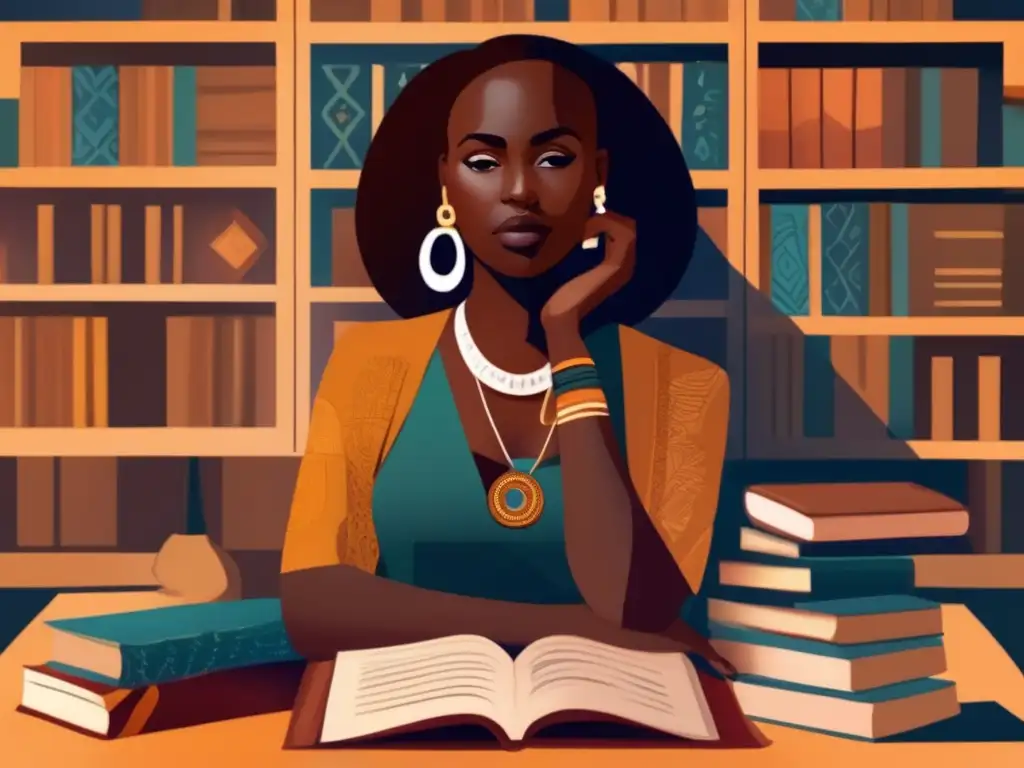 Una pintura digital de Aoua Kéita rodeada de libros y símbolos filosóficos africanos, reflejando su influencia en la filosofía africana