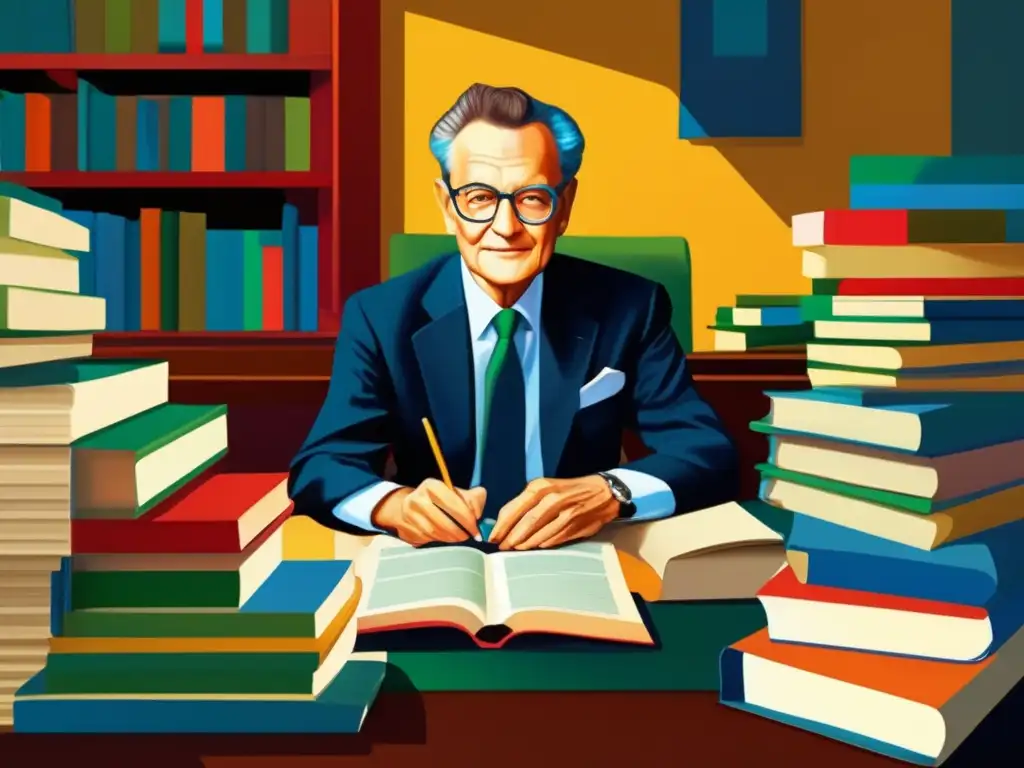 En la pintura digital, Paul Samuelson está rodeado de libros y papeles, concentrado en escribir teorías económicas
