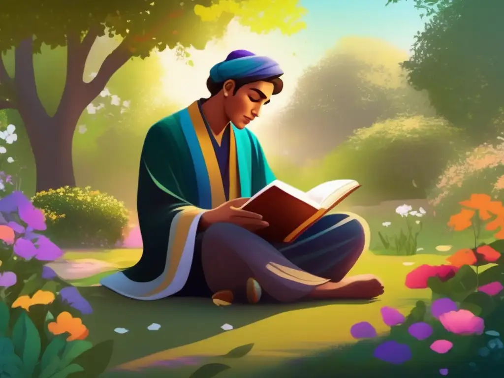 En la pintura digital de alta resolución, Rumi se sienta pensativo en un jardín tranquilo rodeado de flores coloridas y exuberante vegetación