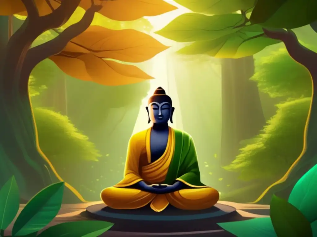 Una pintura digital serena y moderna representa a Mahavira meditando bajo un árbol Bodhi en un bosque exuberante