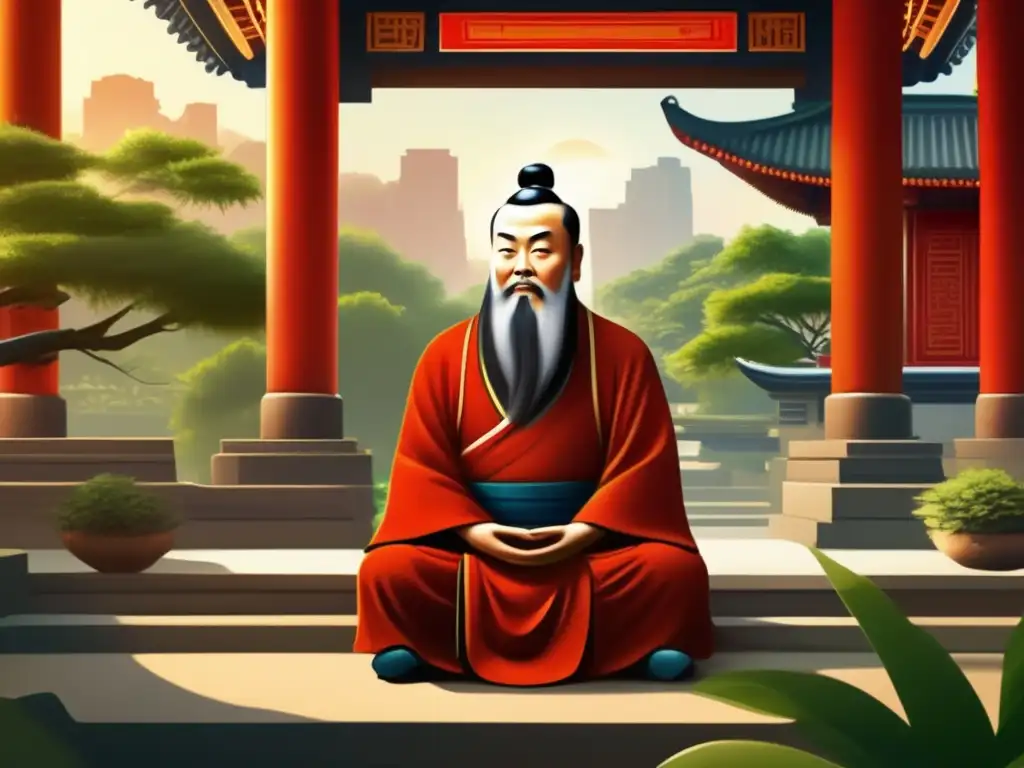 Una pintura digital serena y moderna de Confucio meditando en un entorno de exuberante vegetación y arquitectura china antigua