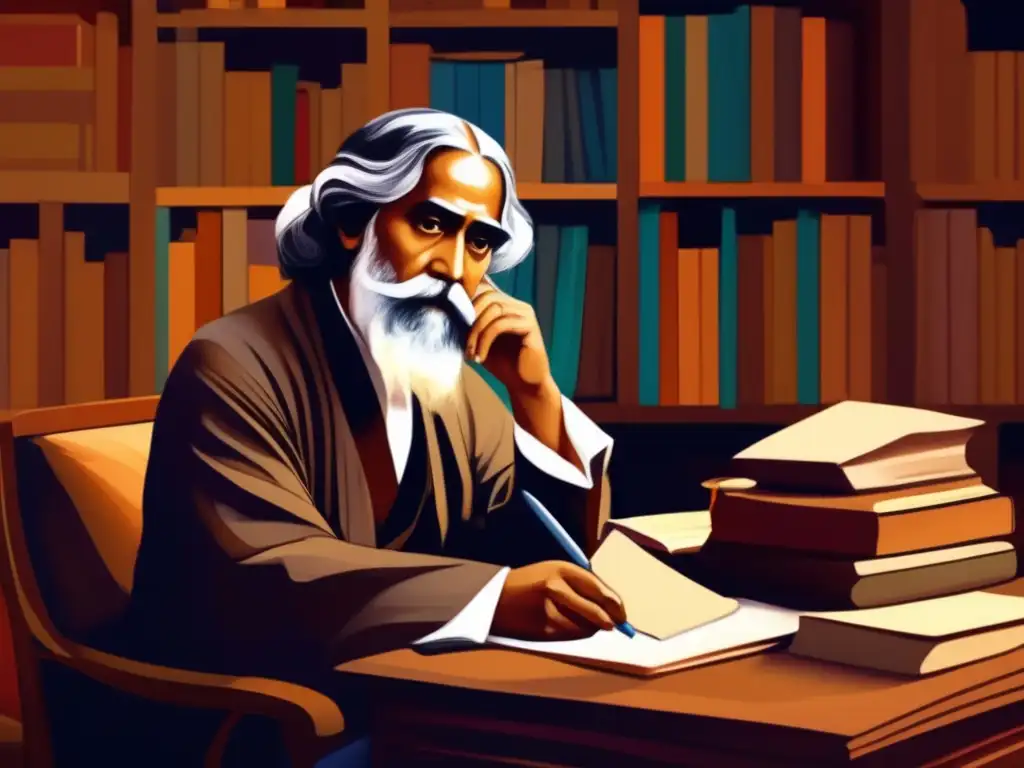 En la pintura digital de alta resolución, Rabindranath Tagore está sentado en su escritorio rodeado de libros y papeles
