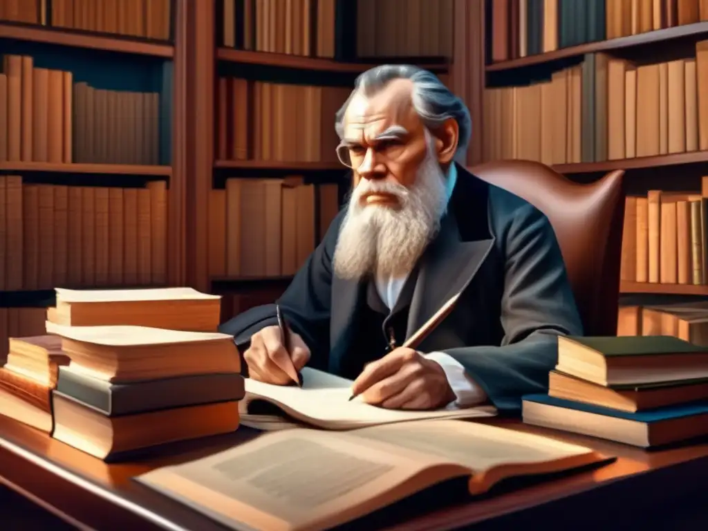 En la pintura digital de Leo Tolstoy, su mirada intensa refleja la influencia de 'Guerra y Paz'