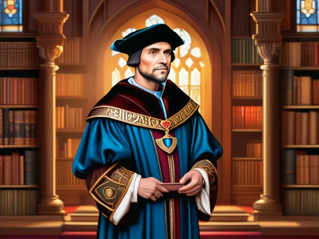 En la pintura digital, Tomás Moro se para firme ante una majestuosa biblioteca, rodeado de libros y símbolos de justicia