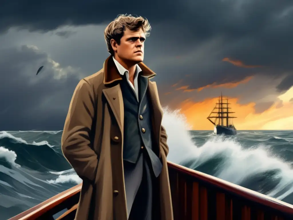 En la pintura digital de alta resolución, Jack London desafía la tormenta en un barco, mostrando determinación y aventura