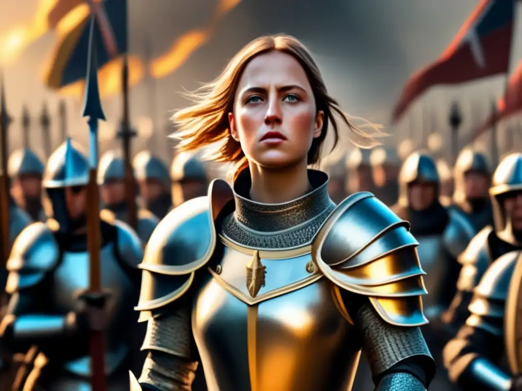 Una pintura digital ultradetallada en 8k representa a Juana de Arco en plena armadura, liderando a sus tropas en la batalla