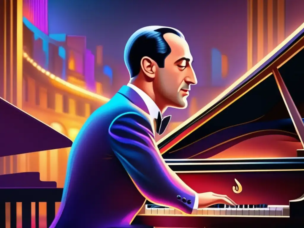 Una pintura digital ultradetallada en 8k de George Gershwin al piano, con colores vibrantes y detalles intrincados que capturan la fusión de la música clásica y jazz en su expresión