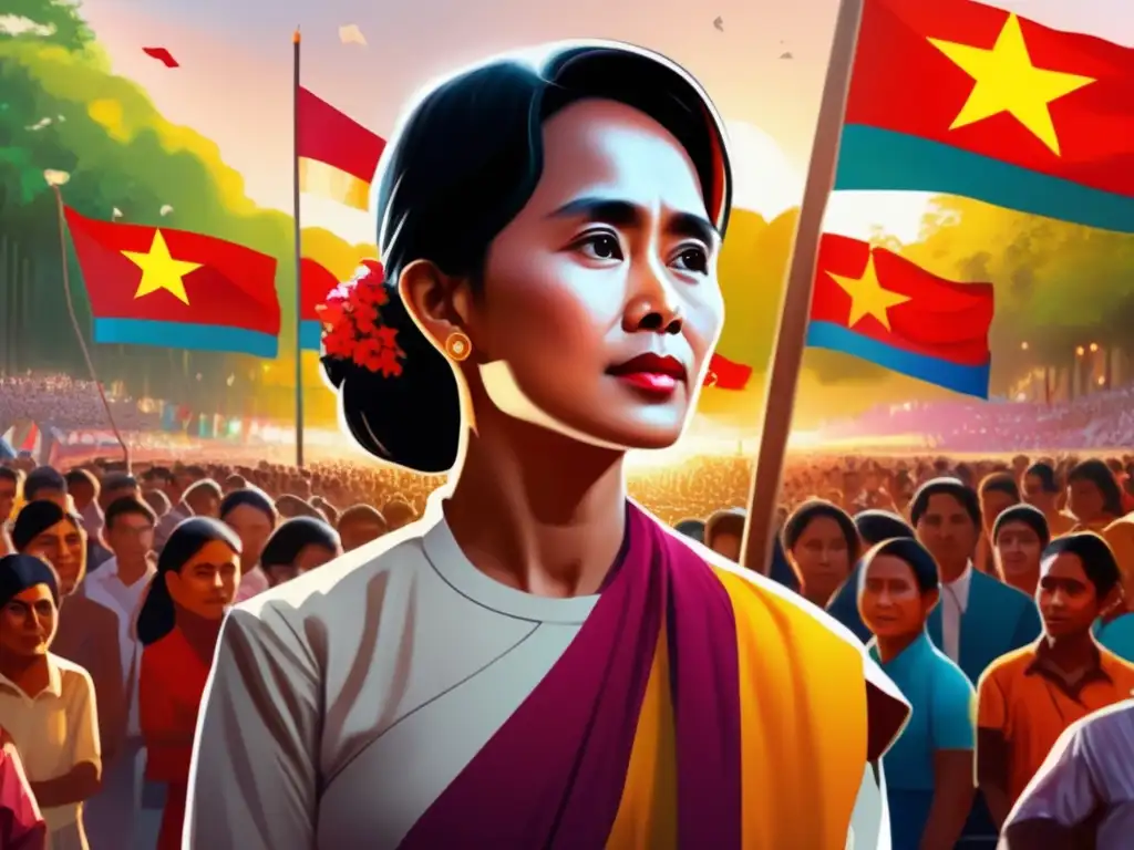 Una pintura digital ultradetallada en 8k de Aung San Suu Kyi en una protesta pacífica, rodeada de seguidores con pancartas de resistencia y democracia