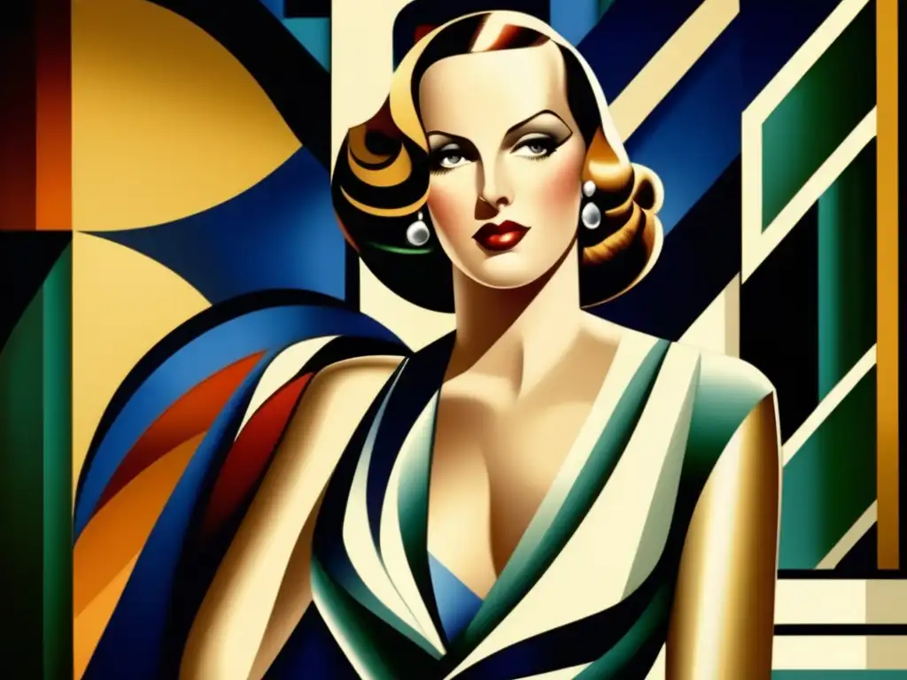 Una pintura glamurosa de Tamara de Lempicka en un elegante vestido de noche, con una mirada segura