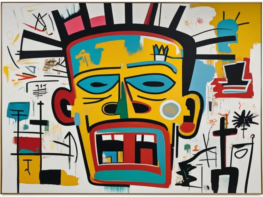 Una pintura impactante de Jean-Michel Basquiat con líneas expresivas y una paleta de colores dinámica
