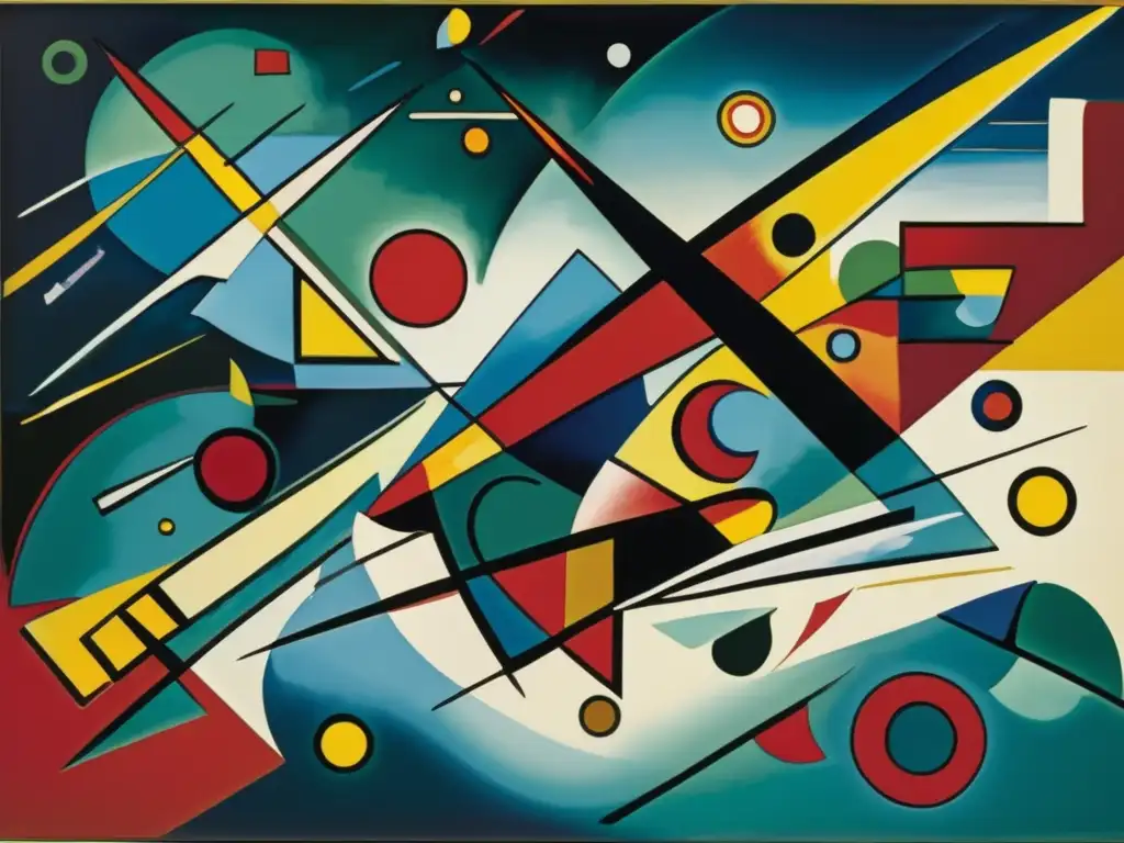 Una fotografía de alta resolución de la pintura 'Composición VII' de Wassily Kandinsky, destacando la influencia del color en Kandinsky con capas vibrantes de colores y formas dinámicas