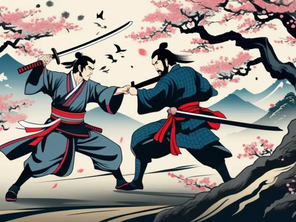 En una pintura japonesa de alta resolución, Miyamoto Musashi libra un feroz duelo samurái