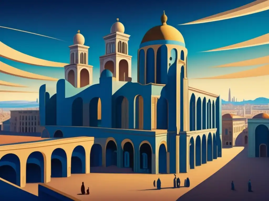 Una pintura metafísica al estilo de Giorgio de Chirico: una ciudad surrealista con arquitectura imponente, sombras largas y atmósfera onírica