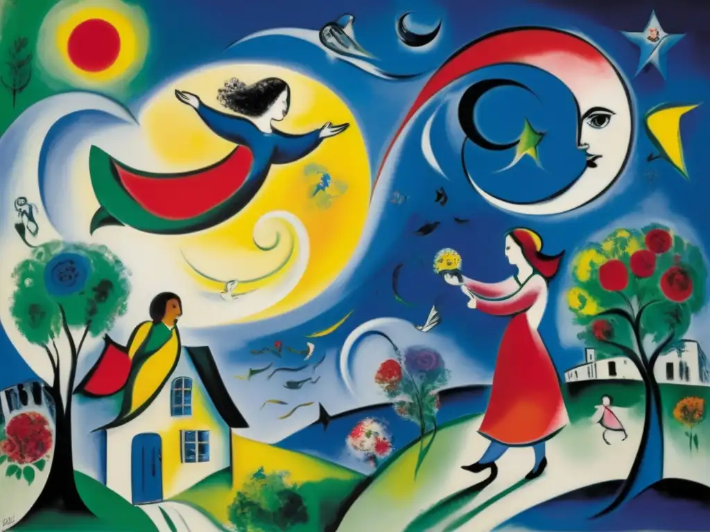 En la pintura moderna de Marc Chagall, los colores vibrantes y las figuras oníricas crean una visión del siglo XX llena de esperanza y protesta