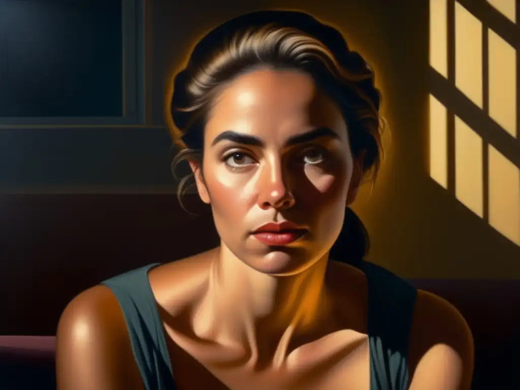 Una pintura al óleo hiperrealista de una mujer en una habitación tenue, su rostro iluminado por una única fuente de luz