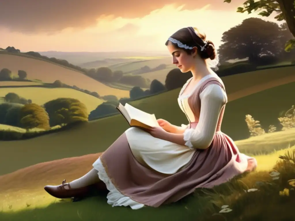 Una pintura de alta resolución en estilo moderno retrata a una joven Jane Austen en el campo inglés, inmersa en la escritura o lectura