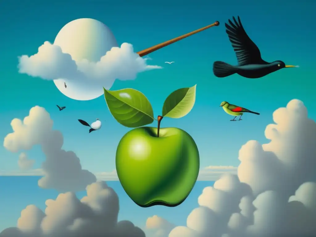 En la pintura surrealista de René Magritte, una manzana verde gigante contiene un cielo azul con nubes esponjosas