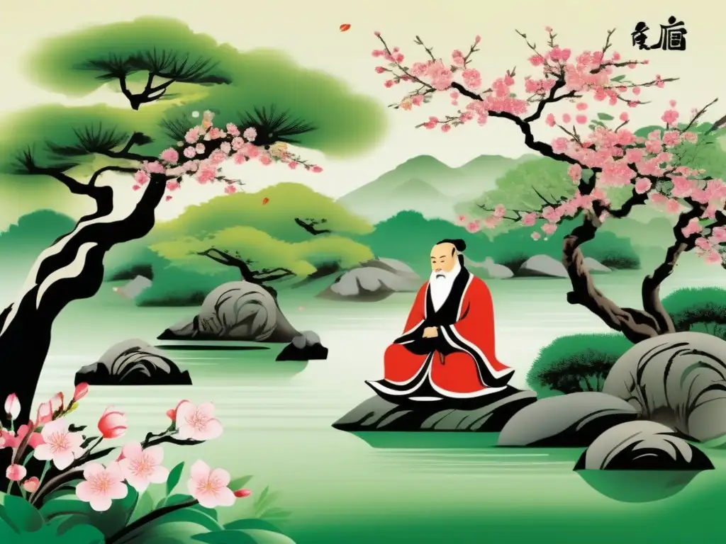 Una pintura a tinta china de Confucio en un jardín sereno, rodeado de exuberante vegetación, florecientes cerezos y arroyos