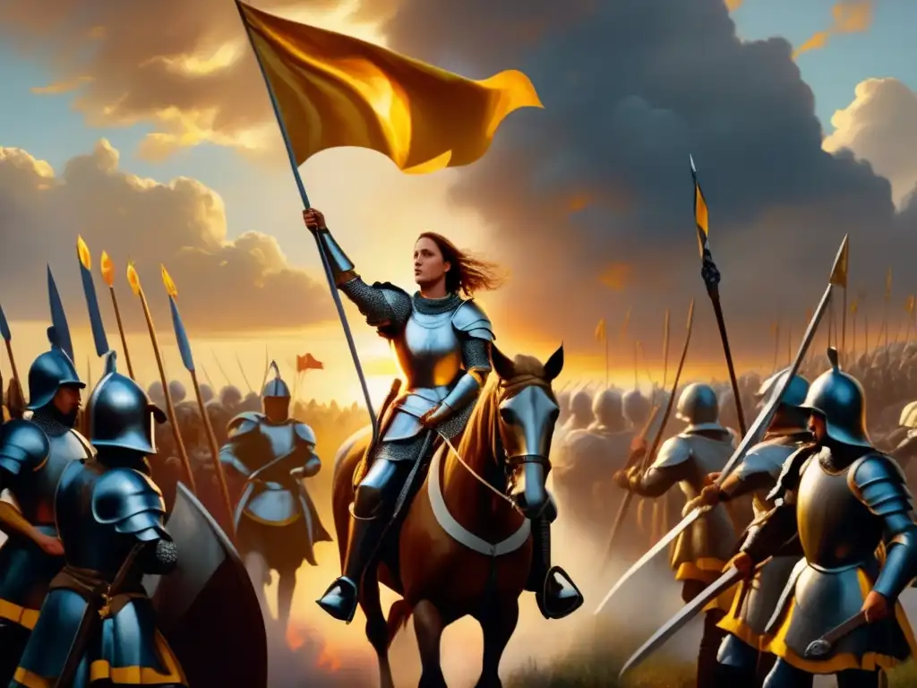 Una pintura ultrarrealista en 8k de Joan of Arc liderando tropas francesas en batalla, con un cielo dramático y una expresión llena de determinación