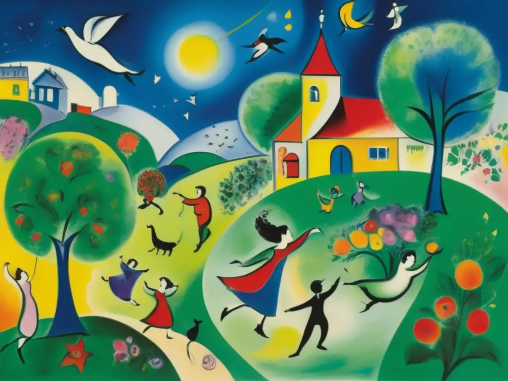 Una pintura vibrante y moderna de Marc Chagall, con colores audaces e imágenes oníricas