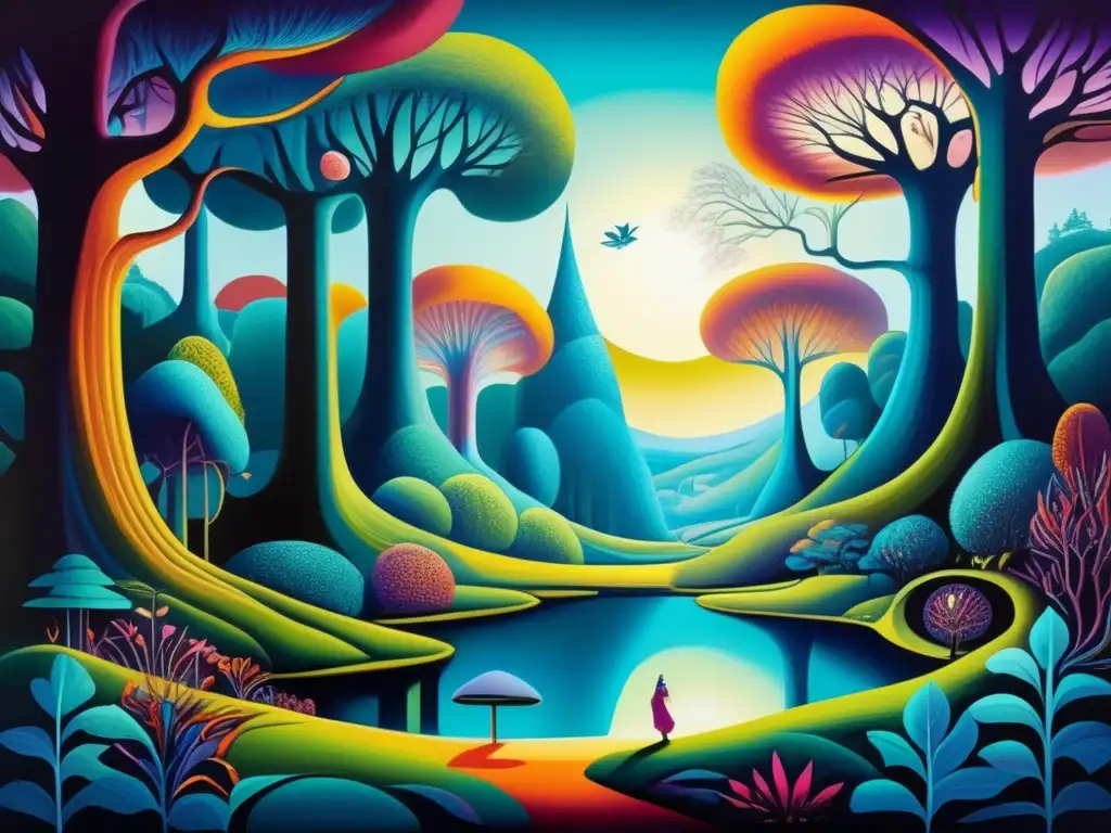 Una pintura vibrante y moderna de un paisaje fantástico con elementos surrealistas, colores vivos y detalles intricados