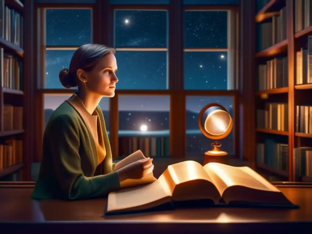 Cecilia Payne, pionera de la astronomía, se maravilla con el cosmos mientras rodeada de libros en una biblioteca iluminada por la luz de la luna