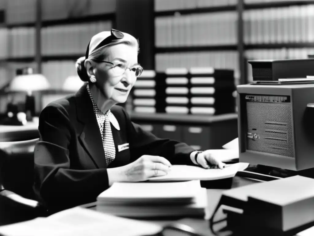 Biografía de Grace Hopper: Pionera en computación, rodeada de tecnología antigua, concentrada en su trabajo en una fotografía en blanco y negro