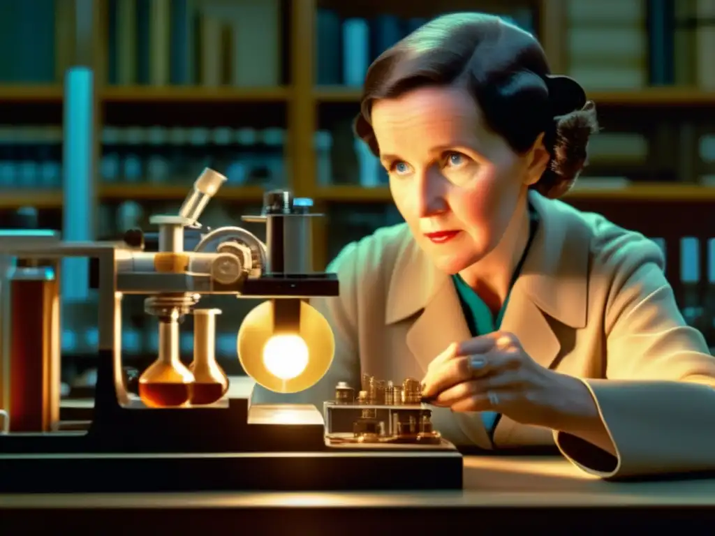 Rachel Carson, científica pionera, examina con curiosidad una muestra bajo el microscopio en su laboratorio