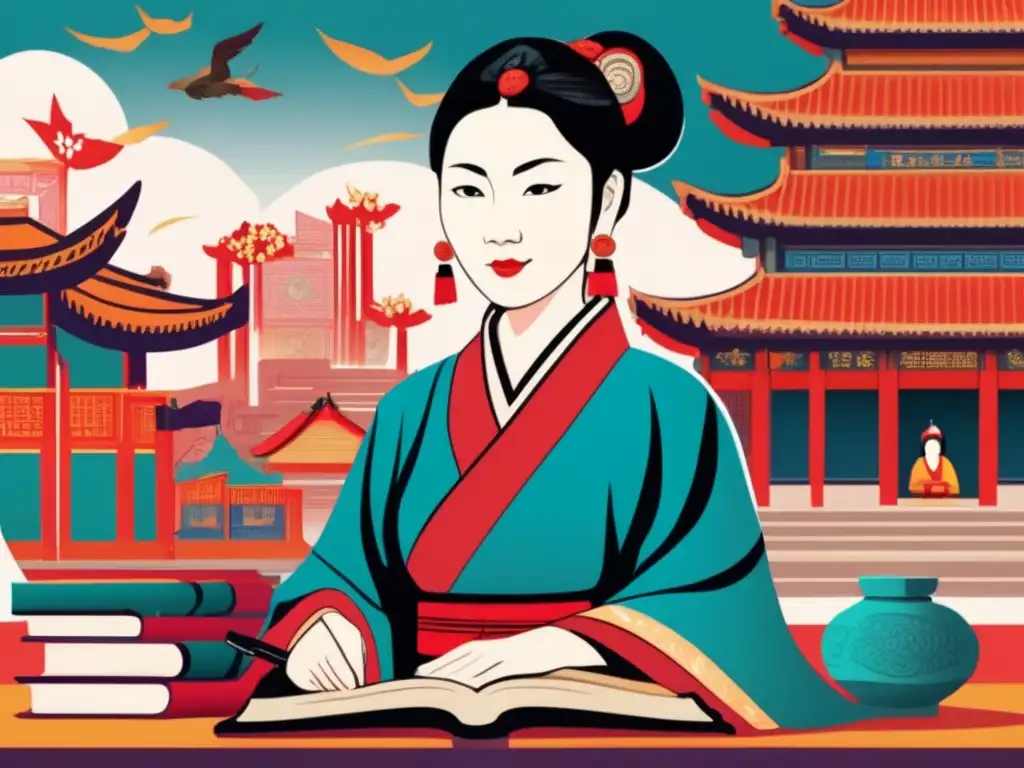 Ban Zhao pionera feminista antigua Han, ilustración detallada y moderna con símbolos académicos, en una bulliciosa ciudad china