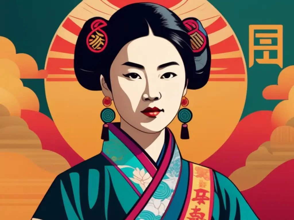 Ban Zhao pionera feminista antigua Han: moderna obra digital la retrata con fuerza y autoridad, vistiendo atuendo Han y toque contemporáneo