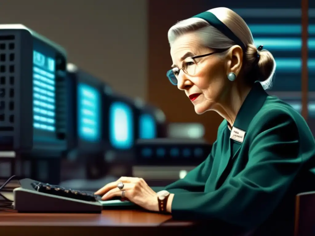 Grace Hopper, la pionera de la informática, concentrada en su trabajo rodeada de equipo informático moderno