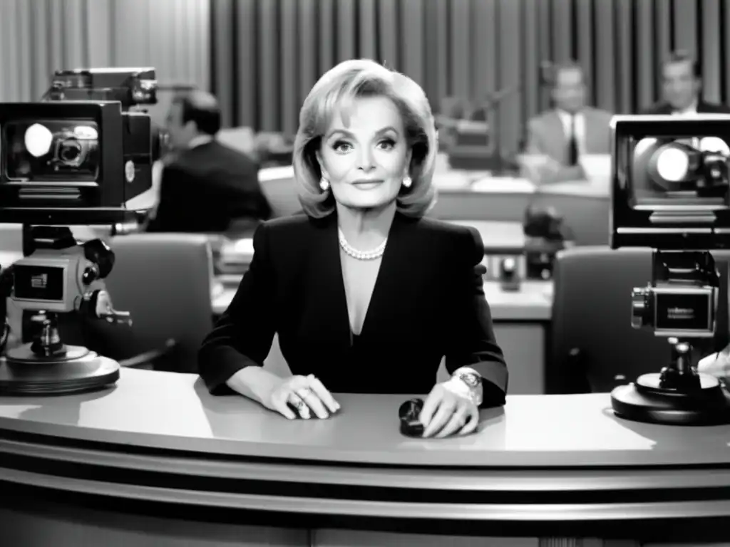 Barbara Walters, pionera del periodismo televisivo, irradia confianza en un set de noticias vintage