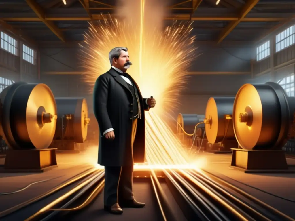 George Westinghouse, pionero de la corriente alterna, supervisa avances tecnológicos en una escena llena de energía