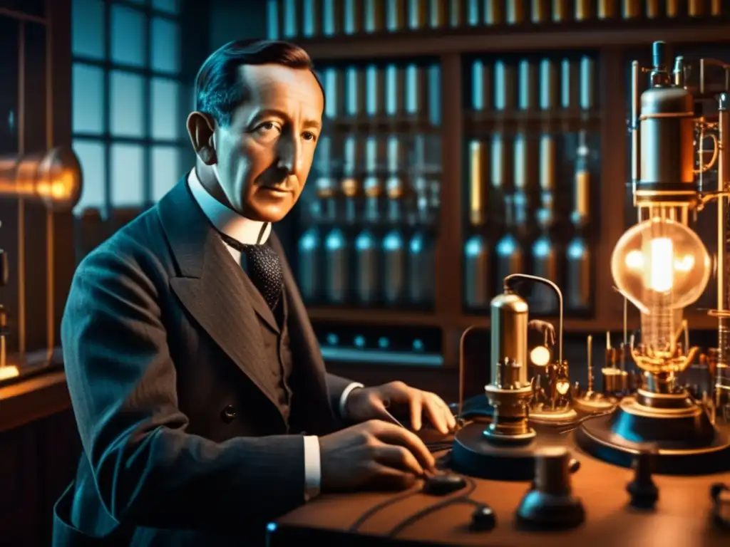El pionero Guglielmo Marconi, rodeado de equipos de radio, ajusta meticulosamente su sistema de telegrafía inalámbrica