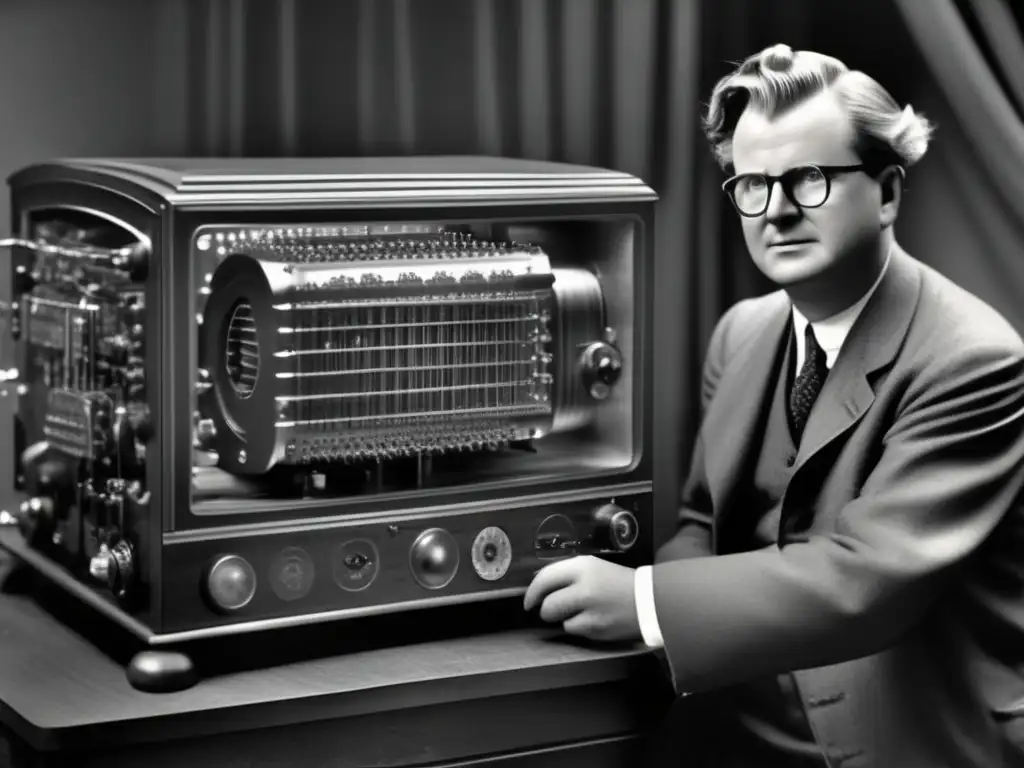El pionero John Logie Baird demuestra su televisión mecánica en una imagen de 8k detallada, resaltando su innovación histórica