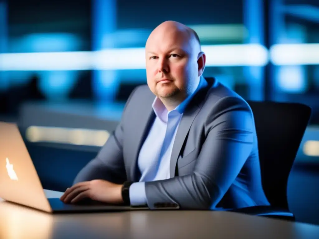 Marc Andreessen, pionero de los navegadores, concentradísimo frente al ordenador en un entorno de oficina moderno y elegante
